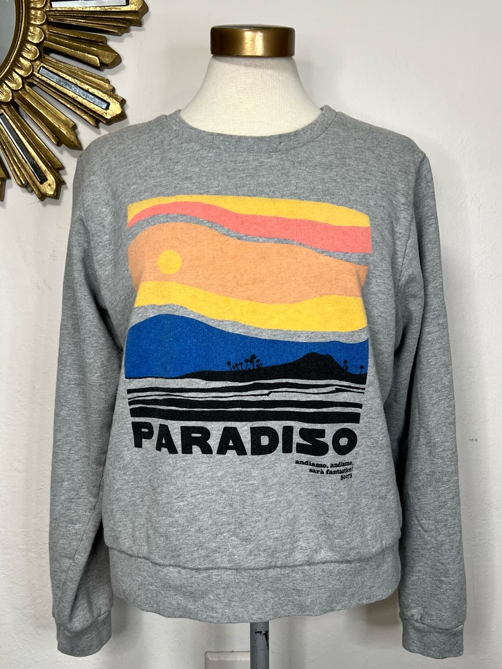 MOTHER The Camper Gray Paradiso Graphic Crewneck with Multicolor Sunset
